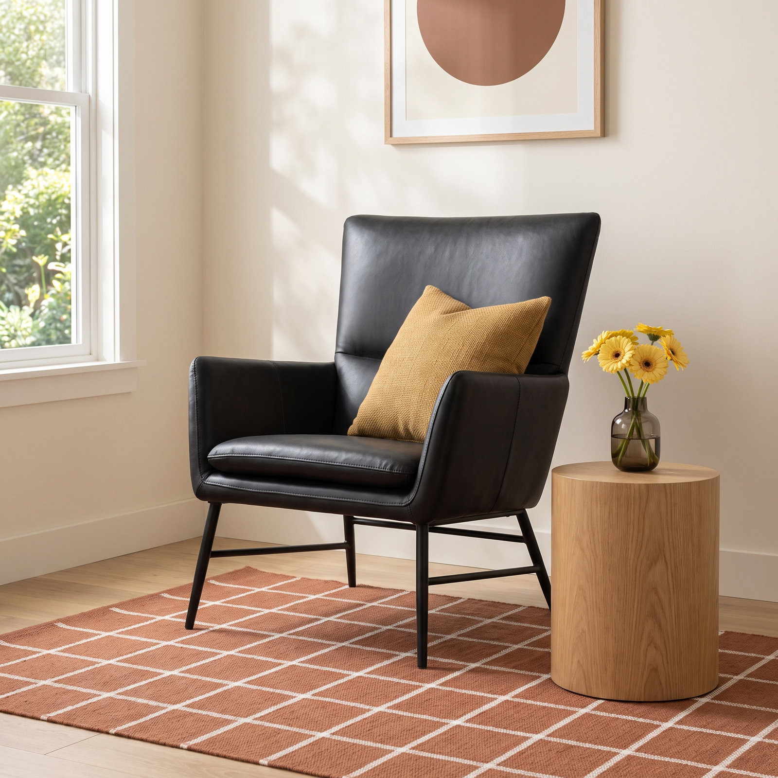 Pisces Genuine Leather Swivel Lounge Chair, Black Leather