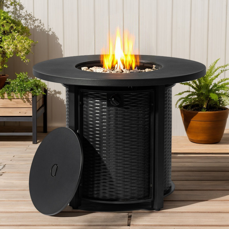 Odynn 25" H x 32" W Outdoor Round Propane Fire Pit Table with Cover Lid and Wicker base for Hideaway Gas Tank Seat 50000BTU
