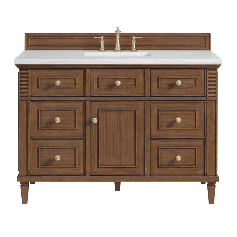 Lorelai 48'' W Single Vanity, Mid-Century Walnut, Carrara White Marble, 8" Widespread