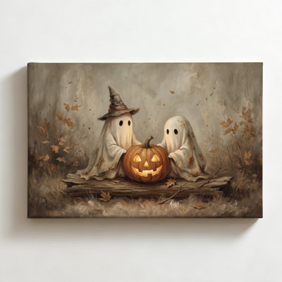 Two Ghosts with a Glowing Jack-o-Lantern, Autumnal Oil Painting Halloween Canvas Wall Art Print on Canvas, Gothic Spooky Season Wall Decor for Living Room Bedroom, 20" x 30"