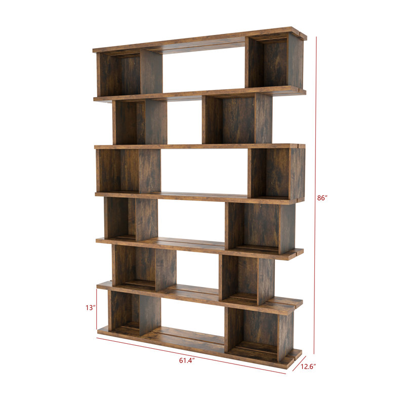 Bibliothèque rustique moderne à 7 niveaux avec tablettes asymétriques