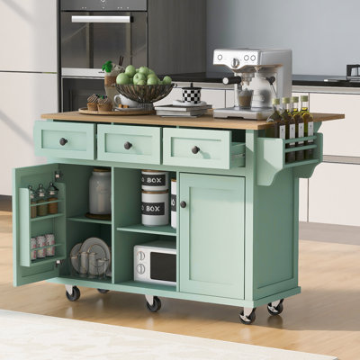 Kitchen Island Cart with Rubber wood Drop-Leaf Countertop ,Cabinet door internal storage racks,Kitchen Island on 5 Wheels with Storage Cabinet and 3 Drawers for Dinning Room