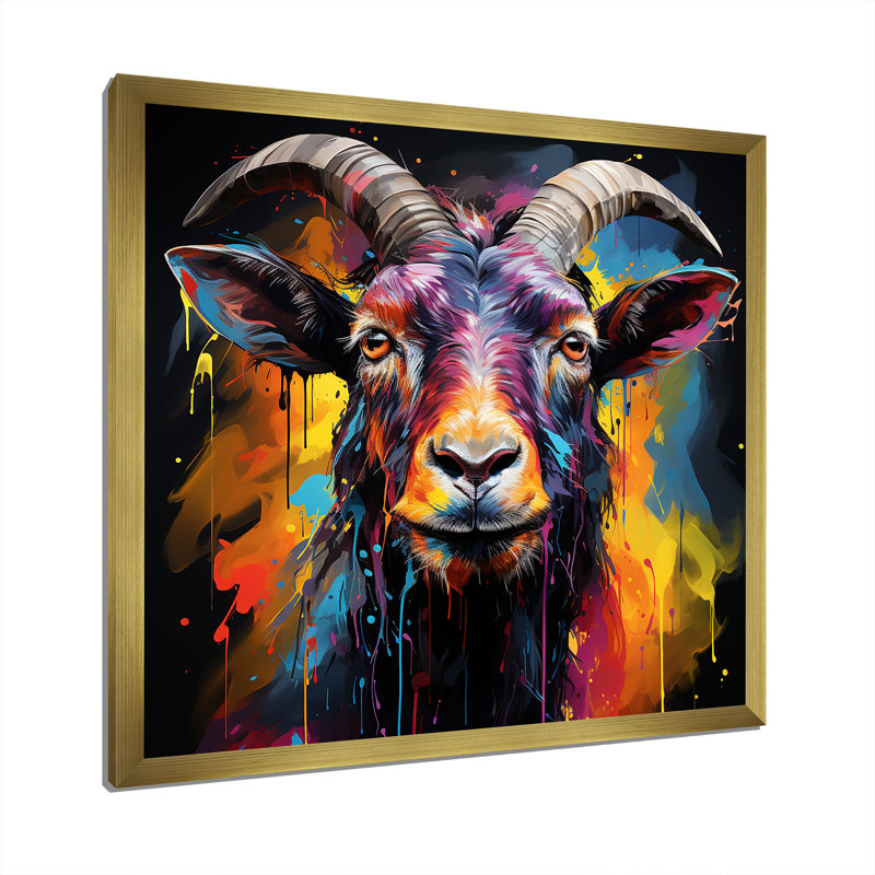 Popart, chèvre regardant fixement - Chèvre, art mural, Cadre doré simple, H 30 po x l 30 po x P 1,5 po
