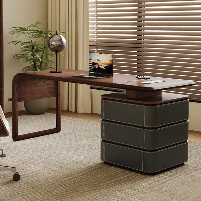 Bureau à 3 tiroirs brun noyer + bois massif rectangulaire + bois manufacturé + Barenia, 29.53" H x 62.99" W x 27.56" D