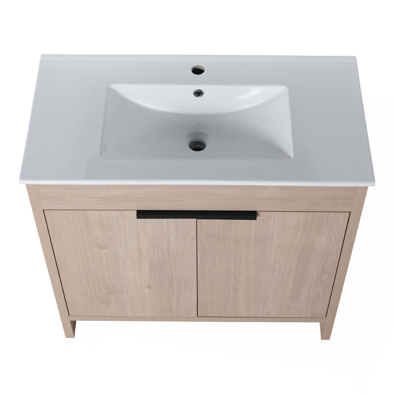 Meuble-lavabo autoportant avec lavabo en céramique et 2 portes d'armoire à fermeture en douceur, Chêne clair uni