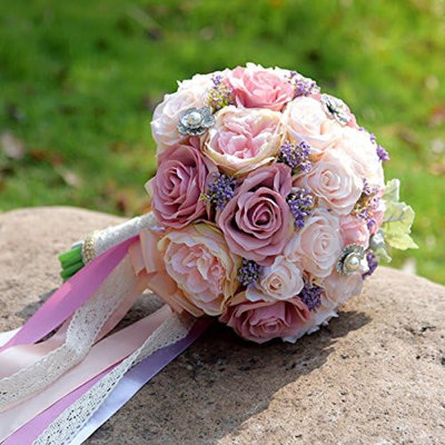 Artificial Dusty Pink Peony Rose Wedding Bouquet with Pearl Jewel Décor