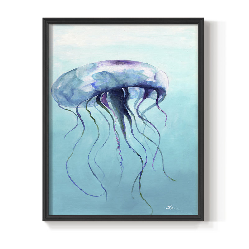 Jelly Fish Framed Print - Solid Wood, 14" H x 11" W, Black Single Picture Framed