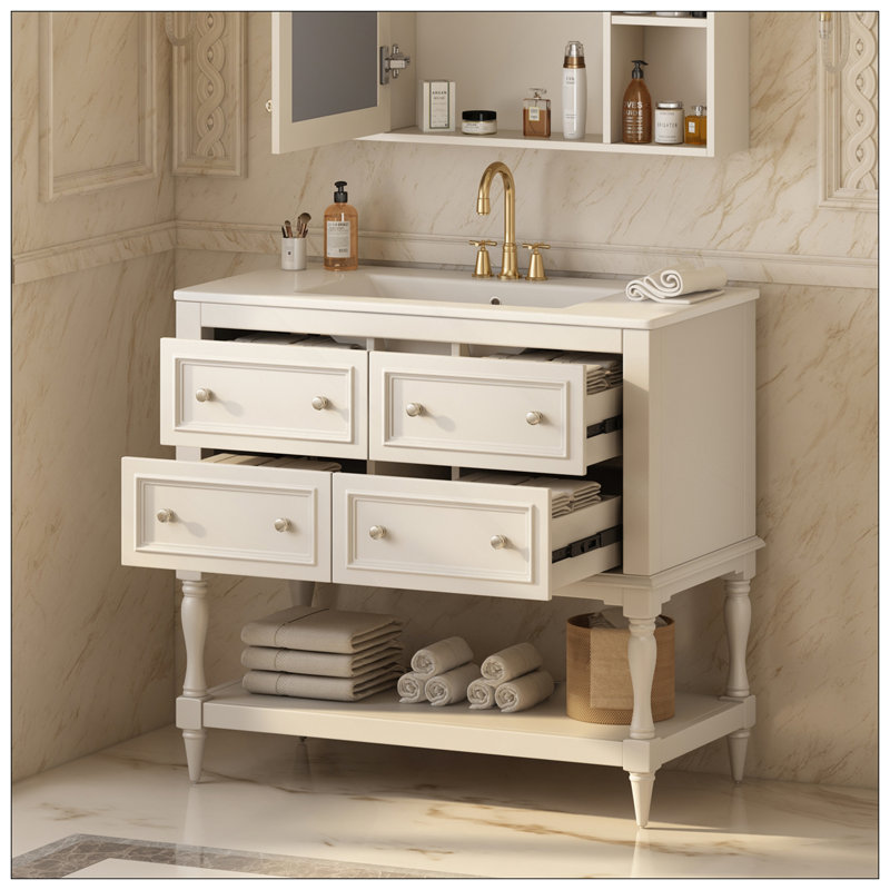 Ensemble de meuble-lavabo sophistiqué 36 po avec ensemble de meuble-lavabo, meuble-lavabo encastré en céramique, ensemble de meuble-lavabo autoportant avec 4 tiroirs, armoire de salle de bain avec cadre en bois massif