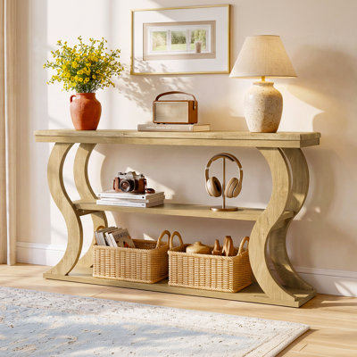 Console de 55 po avec tablettes de rangement, table d'entrée de style campagne moderne, tables de canapé en bois derrière le canapé avec cadre incurvé pour le couloir, entrée