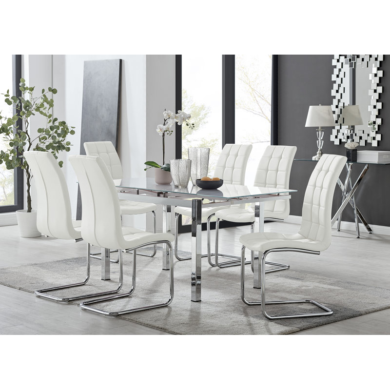 Tierra Modern Glass & Metal Extendable Dining Table Set & 6 Luxury Faux Leather Dining Chairs