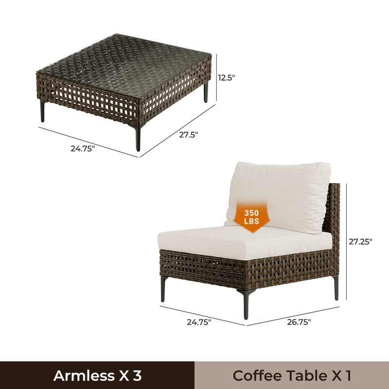 Wicker 4-pieces Conversation Set With Cushions, Beige Cushion/Brown Frame