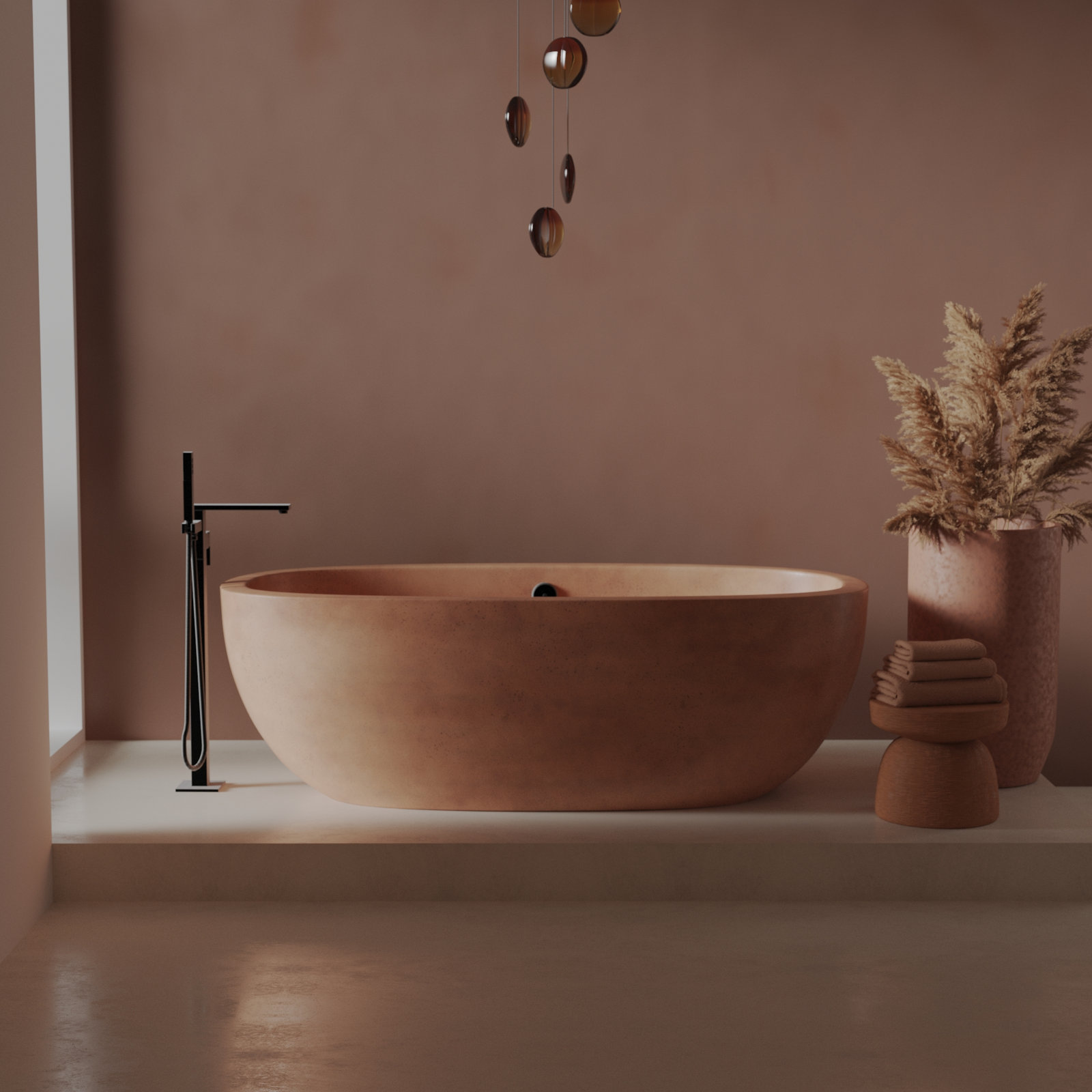 Avalon NativeStone Concrete Freestanding Oval Soaking Bathtub, 22" H x 36" W x 66" L, Terracotta