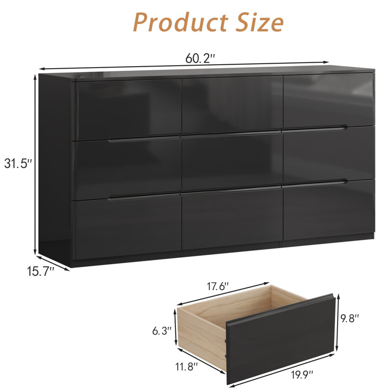 Lau 60" W 9 Drawer Dresser, High Gloss Modern Storage Cabinet for Bedroom, Living Room, Black, Black