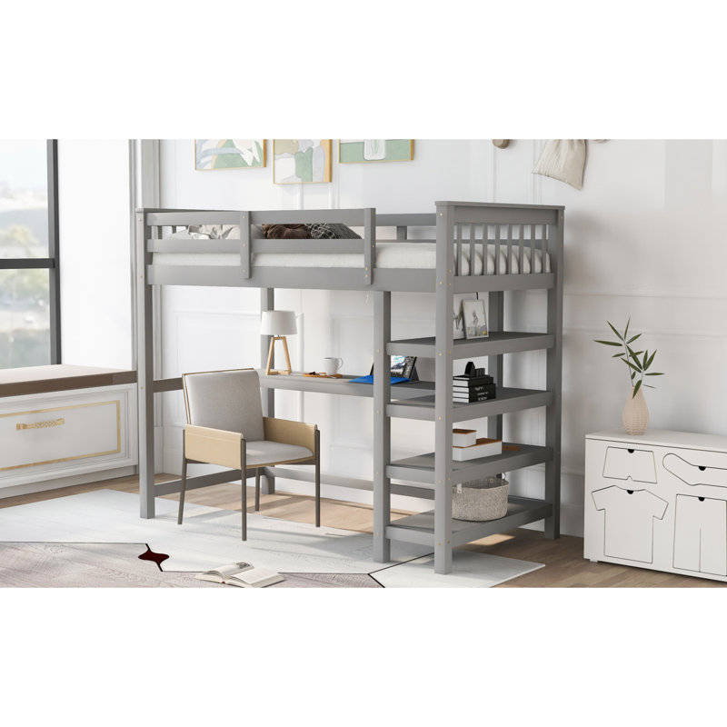  Lit mezzanine avec tablettes de rangement et bureau sous le lit, Gris, Simple