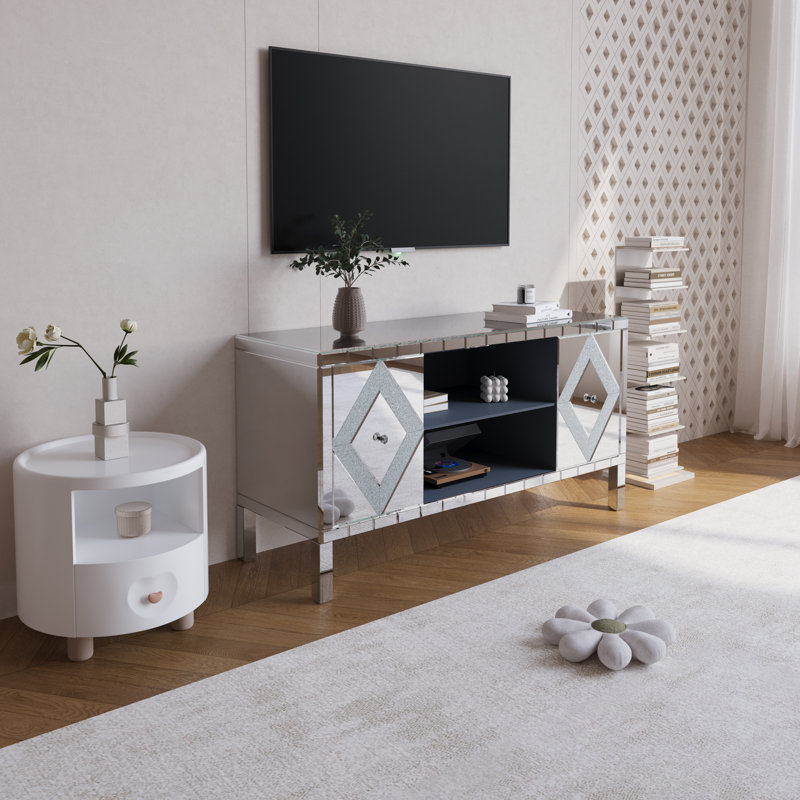 Mirrored Tv Stand For Tvs Up To 50", Silver Tv Console Table With Open Storage & 2 Storage Cabinets, Diamond Shape Sparkling Mirror Doors