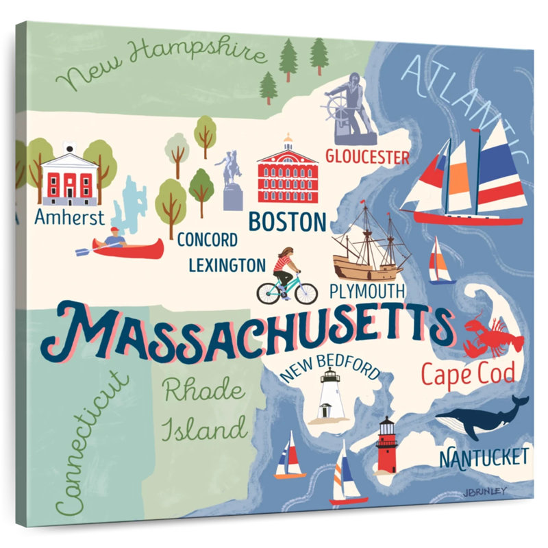 Cartes de l'État - Attraits du Massachusetts, H 10 po x l 10 po