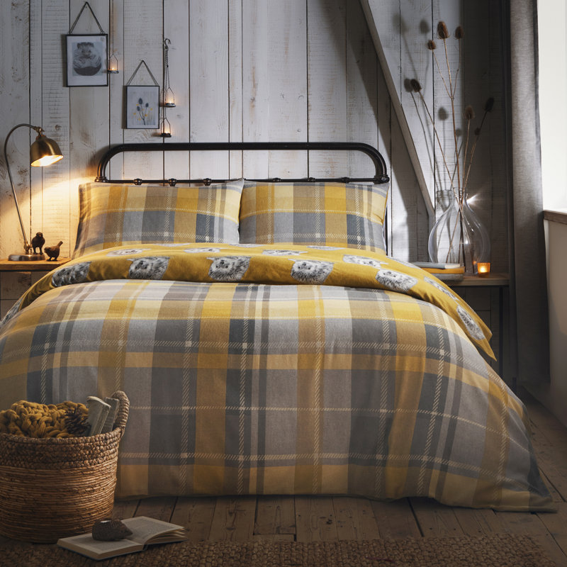 Plaid Duvet Cover Set with Pillowcases, Super King - 2 Standard Pillowcases, Ochre