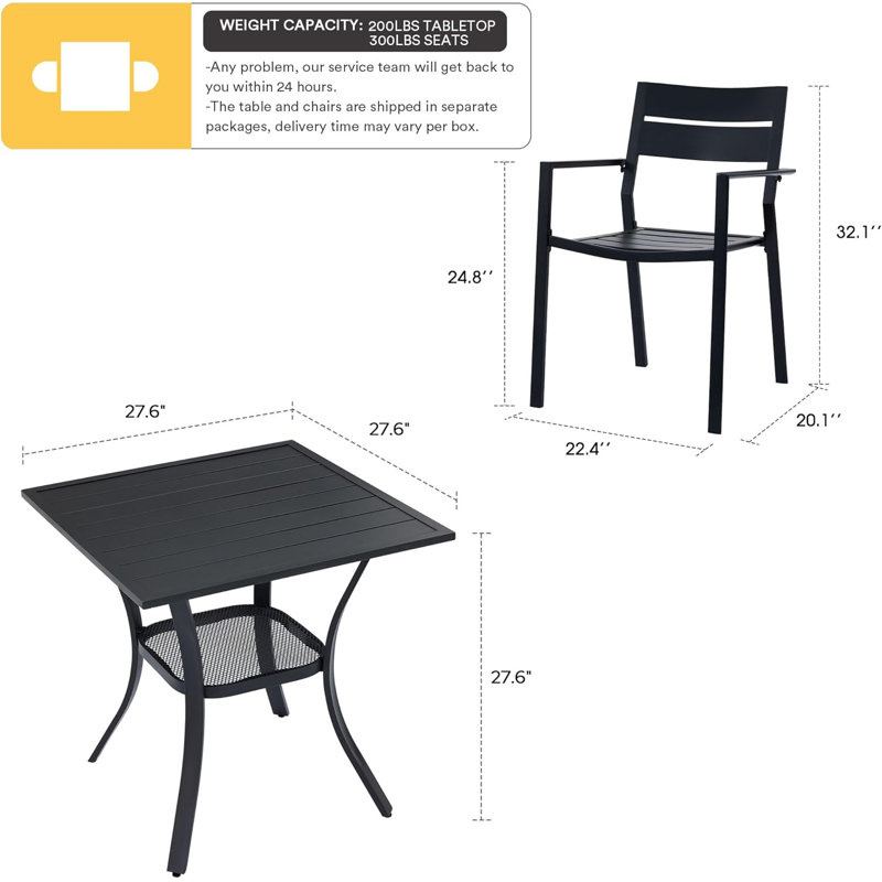 5 Piece Outdoor Dining Set, 27.6" H x 27.6" L x 27.6" W, Black, 2