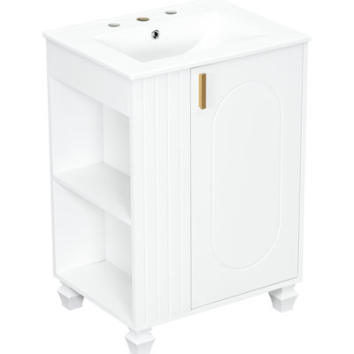 Meuble-lavabo de 24 po avec lavabo en céramique, pieds en bois massif, compartiments latéraux, 2 tablettes, poignées en métal, finition classique rétro, rangement sous l'évier, design, plomberie facile