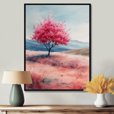 Pink Blue Cherry Blossom Tree Meadow Dream I - Cherry Blossom Wall Art Living Room
