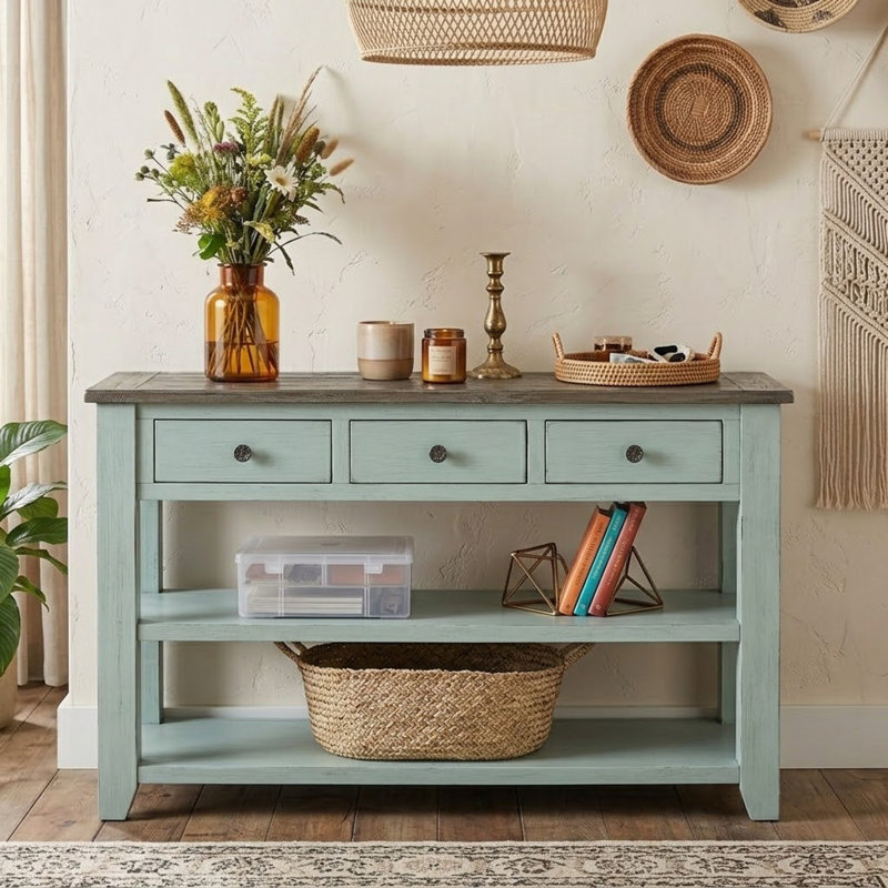 Console 48,83 po avec tiroirs et tablettes Vintage Rustic, Menthe