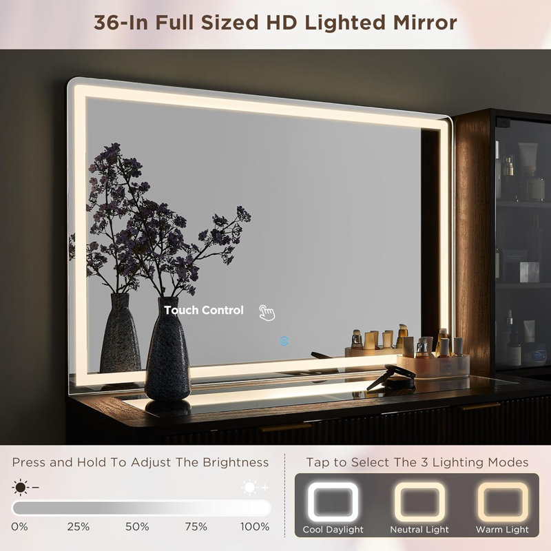 Coiffeuse Zadia 48 "avec miroir lumineux 36", 4 commodes et station de charge et 3 modes d'éclairage, Noyer foncé