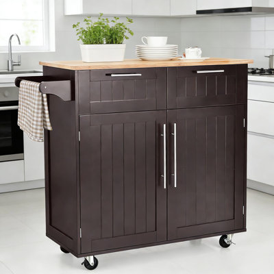 Heavy-Duty Rolling Kitchen Cart With Storage Cabinet, Pull-Out Drawers, And Towel Hanging Rod - Mobile Kitchen Island For Extra Counter Space