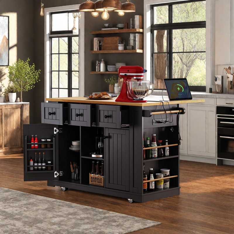 53inch Large Kitchen Island with Drop Leaf, Power Outlet, Door Storage, Rolling Kitchen Cart, Black