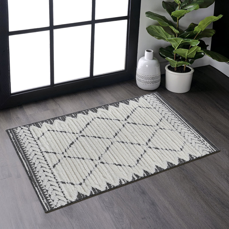 Step Collection High-Low Trellis Cream/Anthracite Indoor Area Rug, 2'X3', Modern, Contemporary, Geometric, Bohemian, Bedroom, Kitchen, Living Room, Doormat, Non Shedding Carpet