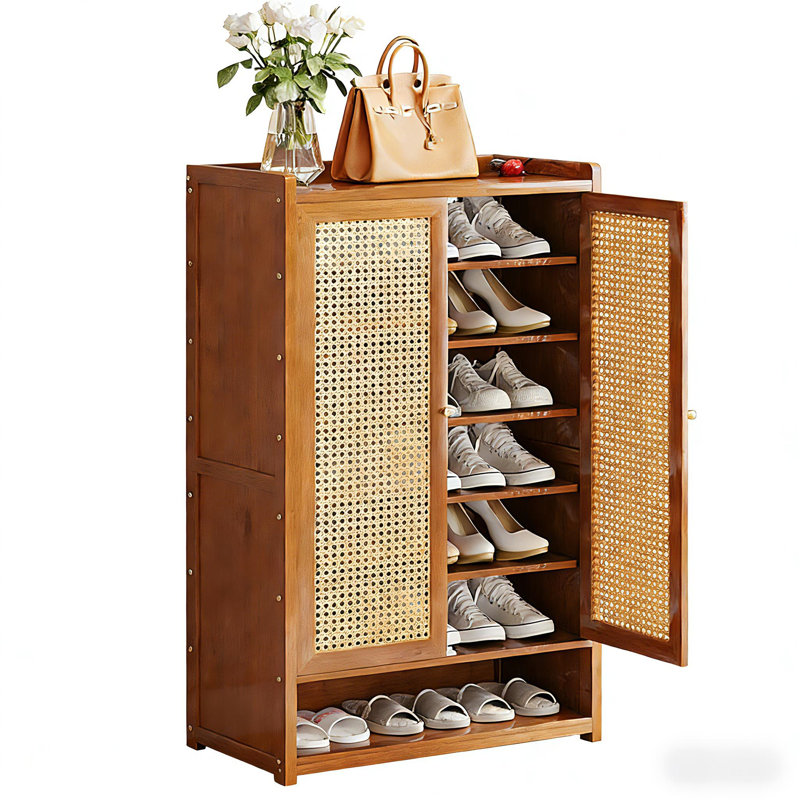 Modern Minimalist 7-Tier Bamboo Shoe Storage Cabinet with Adjustable Shelves & Rattan Doors 