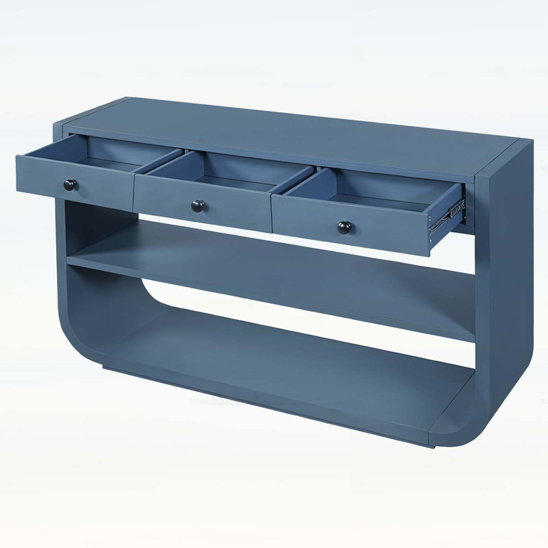 Console moderne avec 3 tiroirs à fermeture en douceur et 2 tablettes ouvertes, Bleu