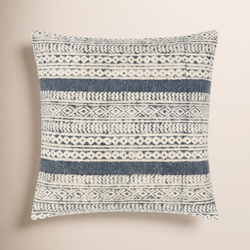 Oreiller carré en coton Zetta, Polyester/ bourre en polyester, 20 po x 20 po, Beige / denim