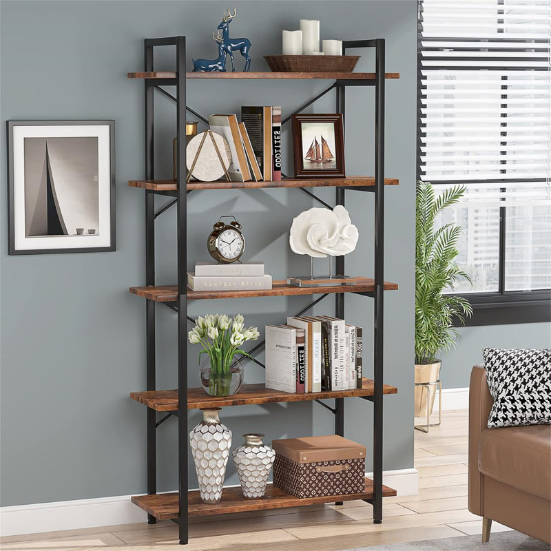 63" Tall  5-Tier Rustic Brown Industrial Metal Bookshelf Unit For Living Room