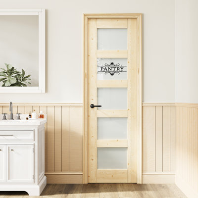 Porte en verre givré 24 po x 80 po à 5 verres en bois de pin givré, dalle d'intimité en verre, pouvant être peinte et imperméable, combinaison pour porte de garde-manger