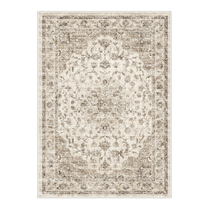 Roehit Floral Machine Washable Beige/Brown Indoor Oriental Performance Area Rug with Non-Slip Backing, Rectangle 5' x 7'
