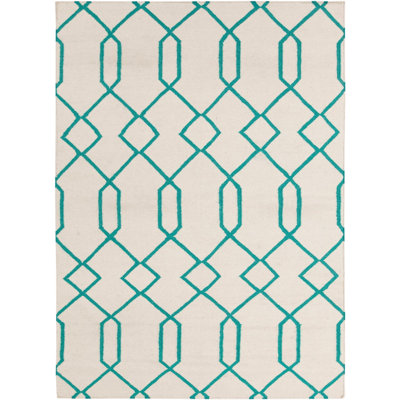 Chevella Reversible Flatweave Teal Blue & Ivory Geometric Pattern Wool & Cotton Area Rug