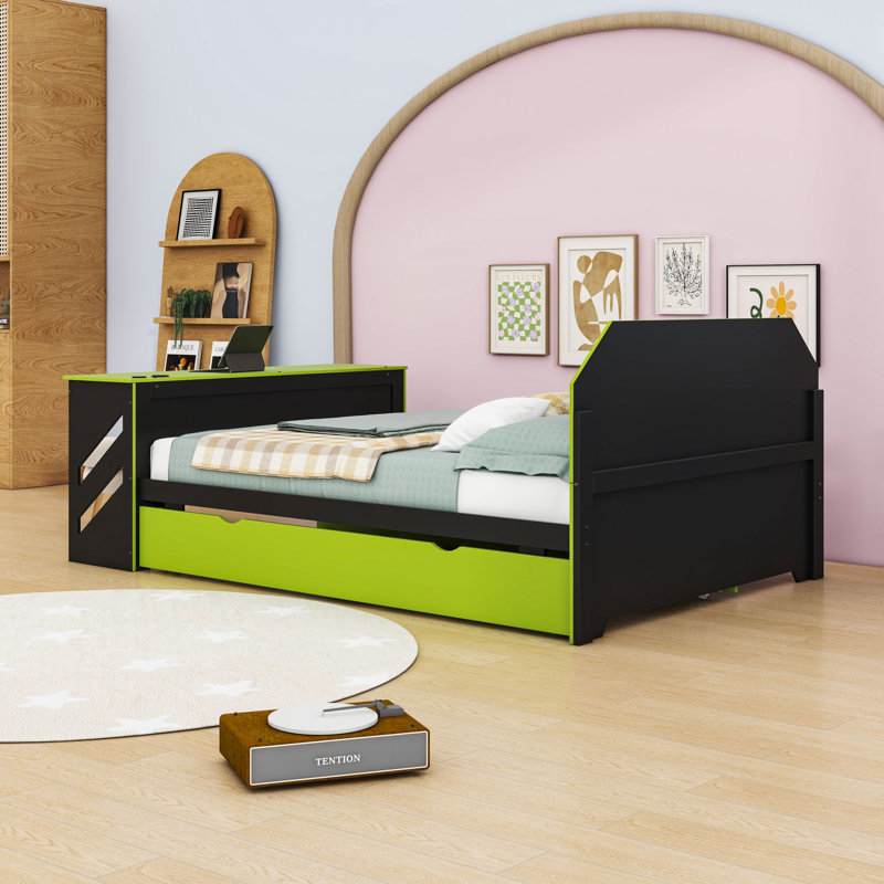 Lit de jour double en bois avec port USB, bureau et lit gigogne, Vert