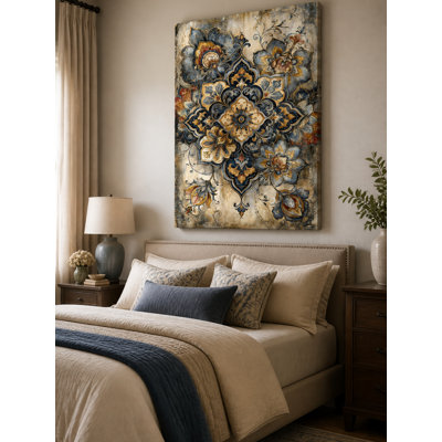 Ornate Floral Medallion Pattern, Baroque Canvas Wall Art, Dark Blue Hues, Vintage Decor, Decorative Print