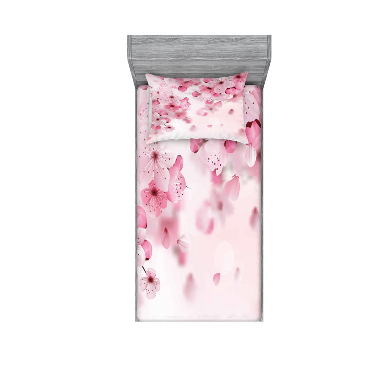 Microfiber Floral Sheet Set, Twin XL Sheet Set with Fitted Sheet, Japanese Sakura Floral