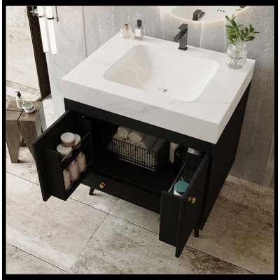 Meuble-lavabo contemporain autoportant de 30 pouces - comptoir en faux marbre, lavabo en céramique, armoire de rangement à double porte, bois d'ingénierie imperméable
