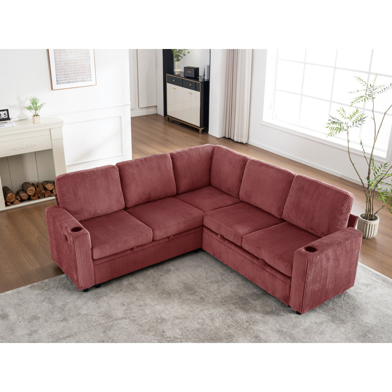 83.6" Wide Corduroy Sectional Sleeper Sofa (Pull-Out Bed) With Storage, Red
