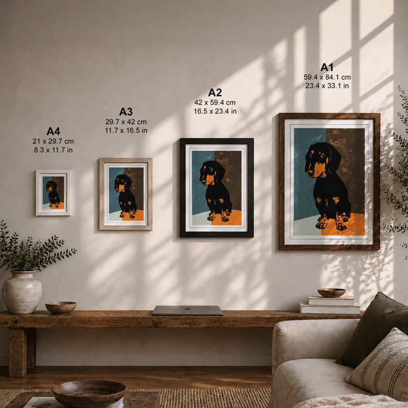 Portrait: Dachshund Geometric - Framed Print, A1 - 84.1 x 59.4 cm, Black