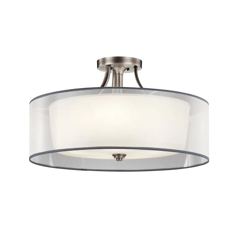 Plafonnier semi-encastré 28 lumières en étain antique 28 po avec organza blanc et abat-jour en verre satiné 28 po Lacey