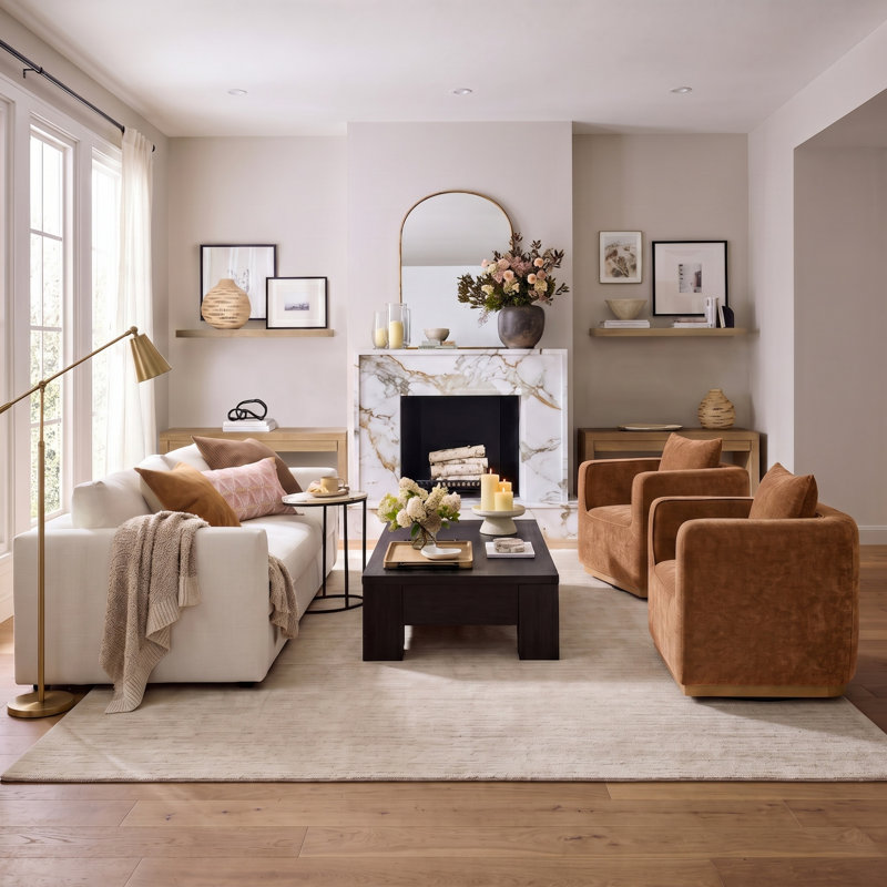 Fauteuil demi-tonneau pivotant moderne en bois massif avec coussin de dossier l 32,75 po Berklie, Caramel