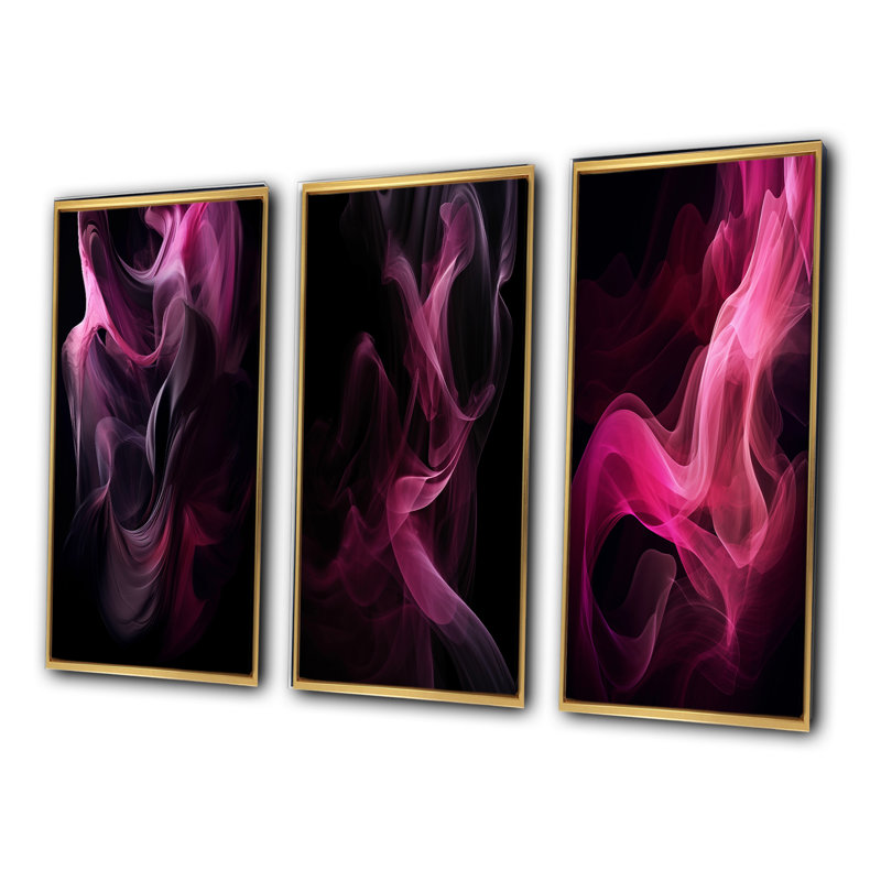 "Rose et noir", 3 pièces sur toile, Cadre flottant doré, H 28 po x l 36 po
