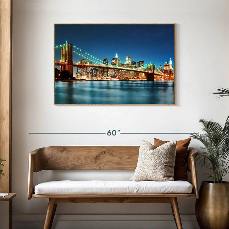 Luminous Brooklyn Bridge, Floating Frame Natural Wood, 43" X 29"
