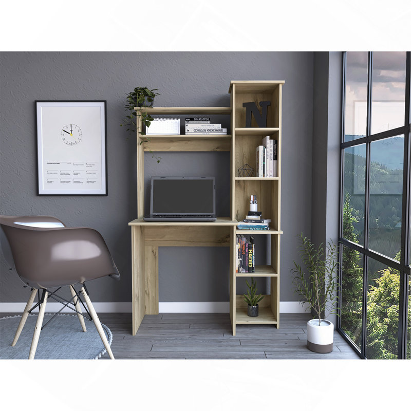 Bureau d'écriture, deux tablettes, cinq casiers - chêne clair, Brun