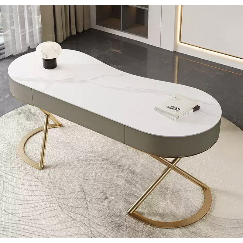 Bureau de luxe en pierre frittée clair, Blanc / Doré, H 29,53 po x l 78,74 po x P 25,59 po