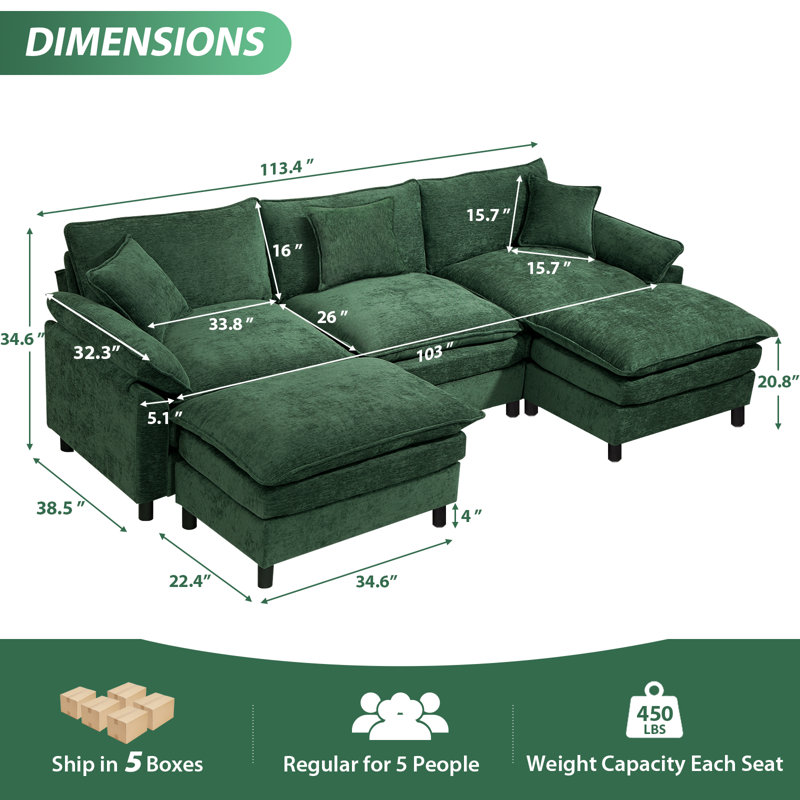 Upholstered U-Shape Sectional With Two Ottomans, 34.6" H x 111.8" W x 57.8" D, Green Chenille