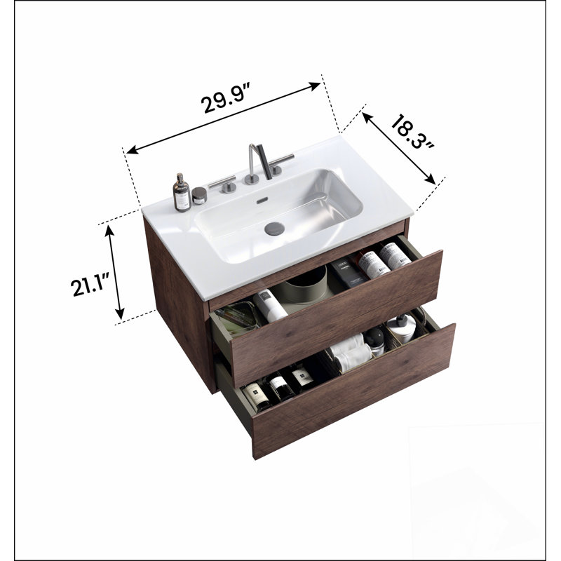 Meuble-lavabo mural en noyer de 30 po avec lavabo en céramique avec trois trous de robinet, grand meuble-lavabo flottant de rangement pour salle de bain moderne, lavabo une pièce sans drain, pré-assemblé
